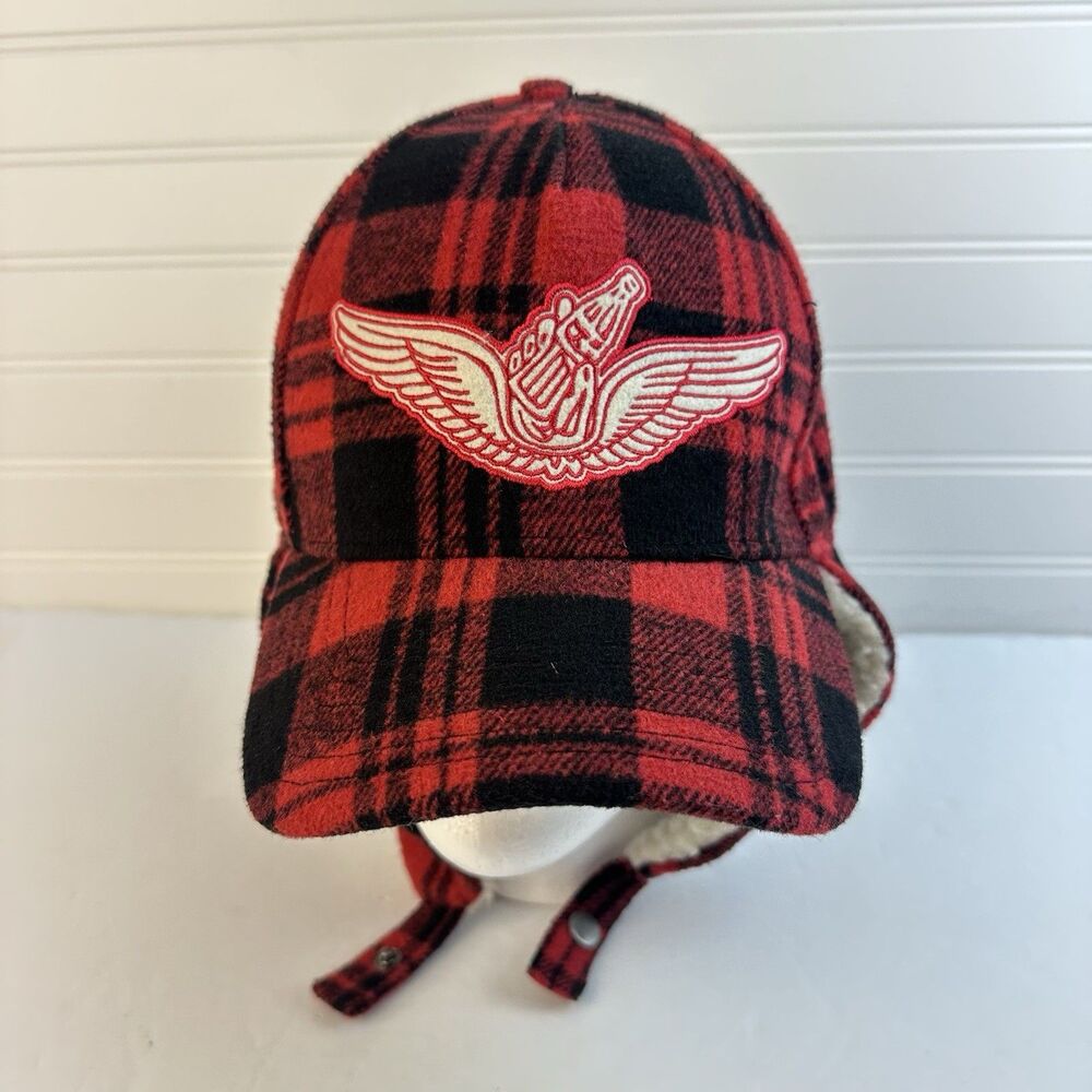 Coca-Cola Red Black Buffalo Plaid Wings Hat Hunter Trapper Sherpa Wool Bomber